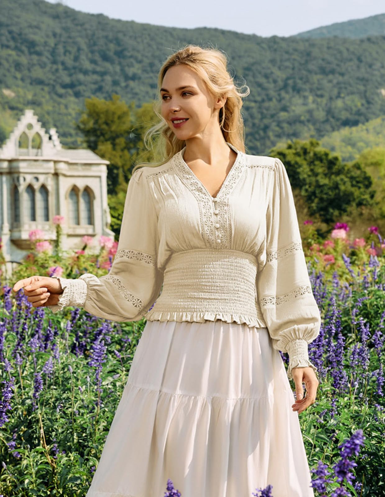 Women's Renaissance Peasant Blouse Smocked Waist Boho Shirts Pirate Tops Beige Medium