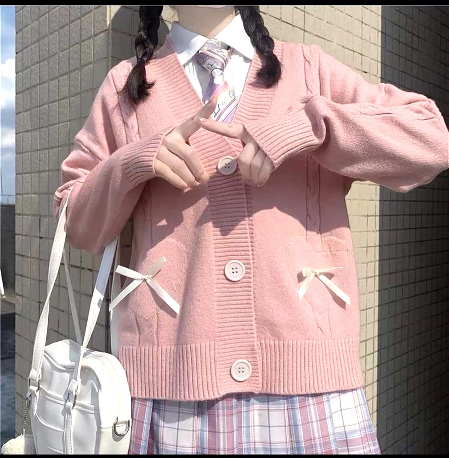 Women Kawaii Sweater Cardigan with Cute Bowknot and Heart Pink Small