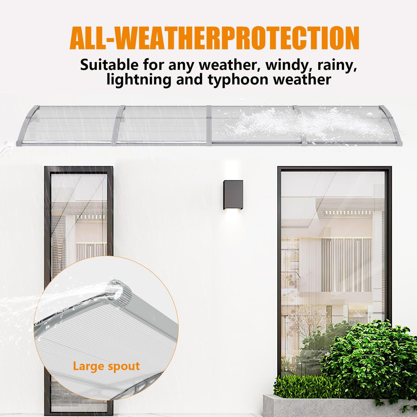 Window Awning Door Canopy 32"x80", Awnings for Doors Polycarbonate Cover Patio Door Awning UV Rain Snow Sunlight Protection Hollow Sheet with Separate Drainage Sink, Gray Bracket & Transparent Board