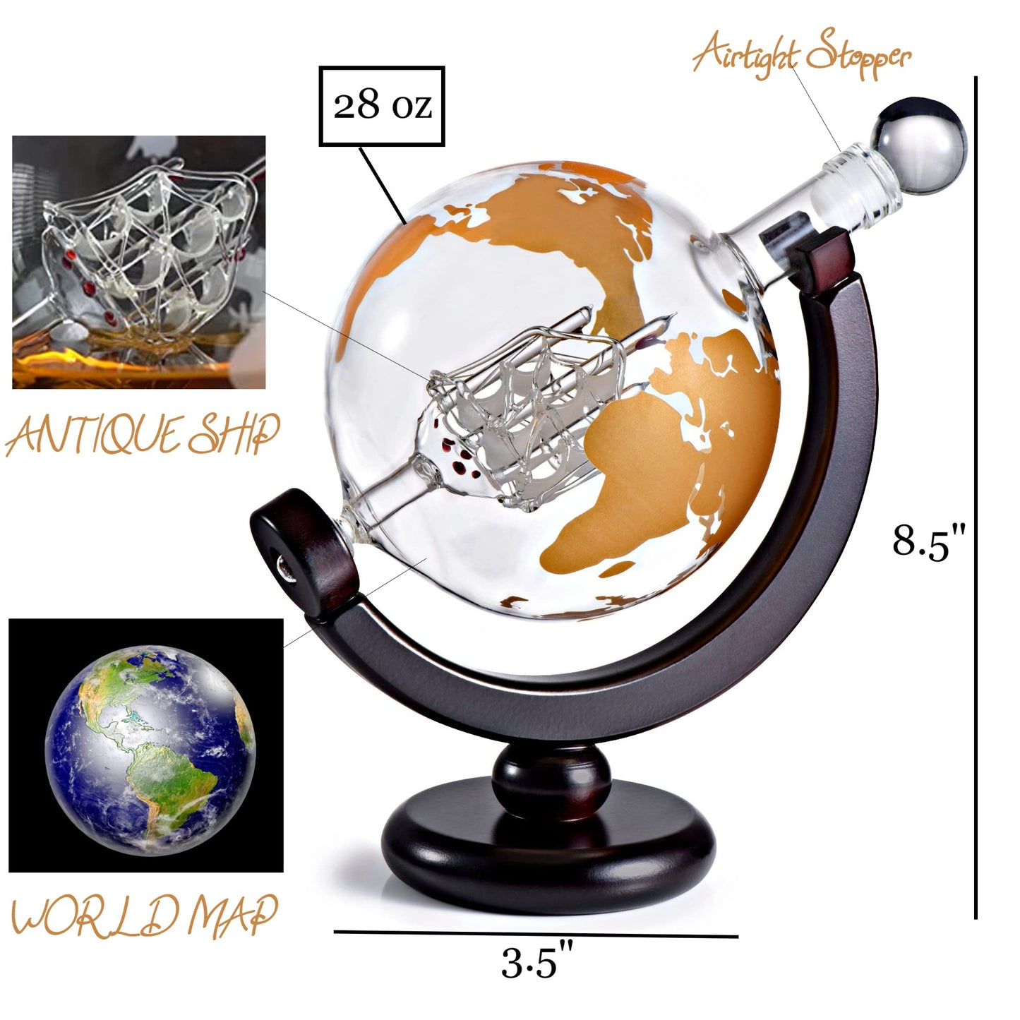 Whiskey Decanter Globe Gift Set - Rich Base Tray - Gold Whiskey Dispenser Airtight Stopper for Wine, Bourbon, Brandy, Juice, Water - Decanter Sets For Men Christmas Gifts for Dad Boyfriend Husband Him
