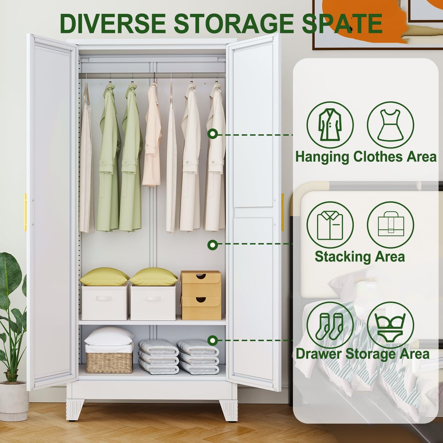 winiowa Metal Armoire Wardrobe Closet with 2 Mirror Doors, 71"' Wardrobe Cabinet with Adjustable Shelves and Hanging Rod, Clothing Storage Cabinet Closet with Mirror for Bedroom-White