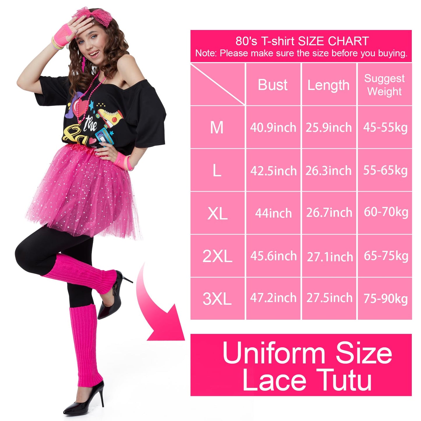 80s Outfits Costume Accessories for Women- 80s T-shirt, 80s Fanny Pack, Tutu Skirt for Halloween Cosplay Retro Theme Party