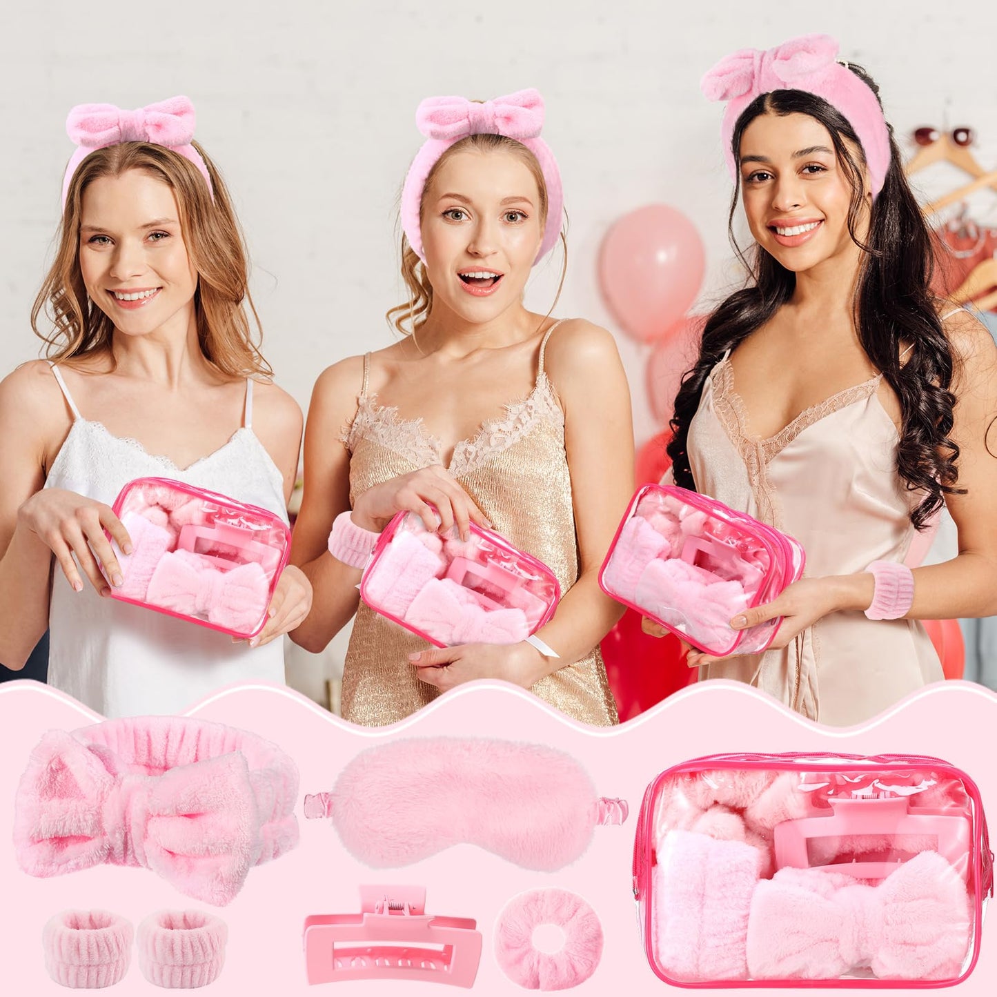 Wavyknot 42 Pcs Spa Sleepover Party Supplies Include 6 Sleep Eye Mask 6 Spa Headband 12 Wrist Washband 6 Velvet Scrunchies 6 Hair Claw Clips 6 Clear Cosmetic Bags for Girls Slumber Party Favors Gift