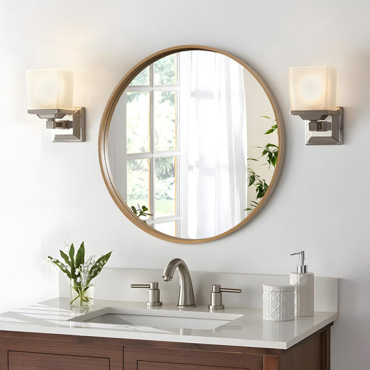 WallBeyond Round Wood Mirror 28" Circle Wall Mirror for Bathroom Round Wall Mirror for Wall Decor, Vanity, Entryway Living Room, Honey