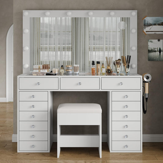 Yanosaku 15 Drawers Makeup Vanity with Charging Station, Vanity Desk with 12 LED Bulbs and HD Mirror, 3 Color Brightness Adjustable, Vanity Set for Bedroom, White