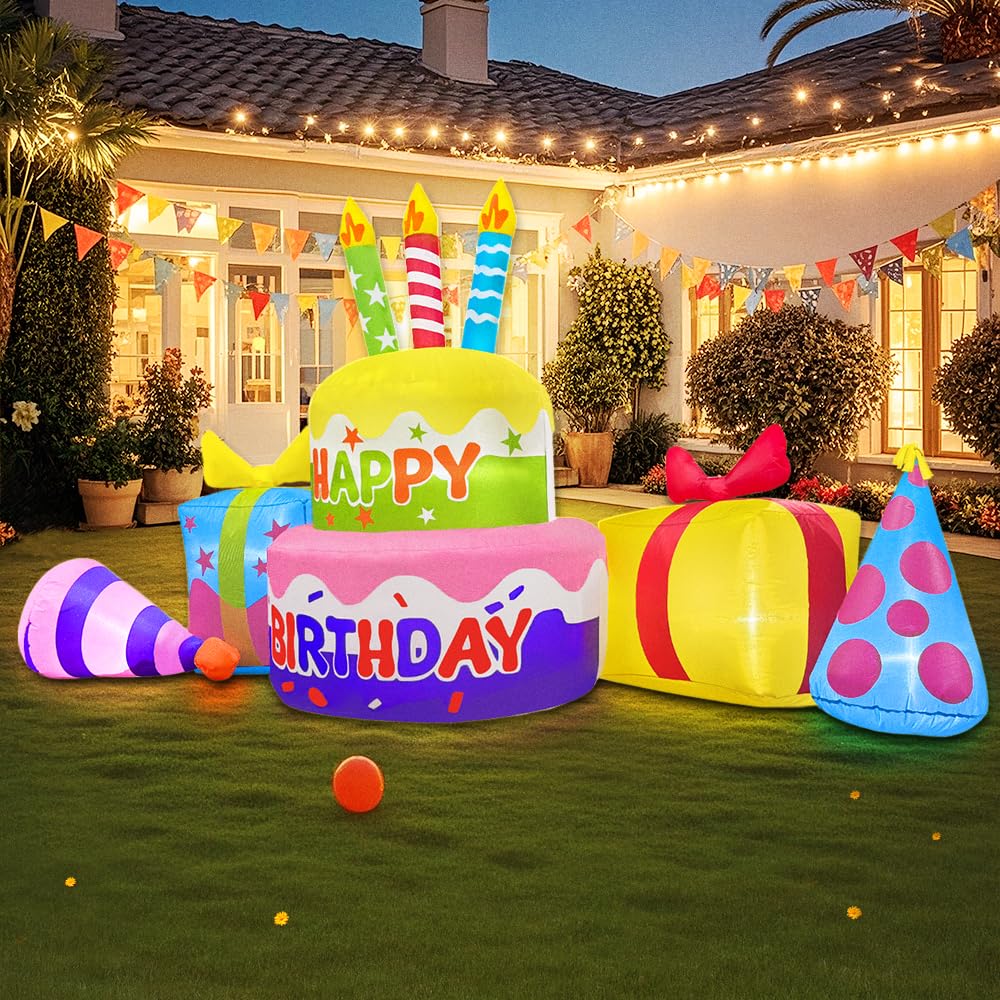 8FT Inflatable Happy Birthday Cake Decoration with Candles Blow up Outdoor Yard Decorations, Built-in LED Lights for Holiday Party Garden Lawn Indoor Home Celebration