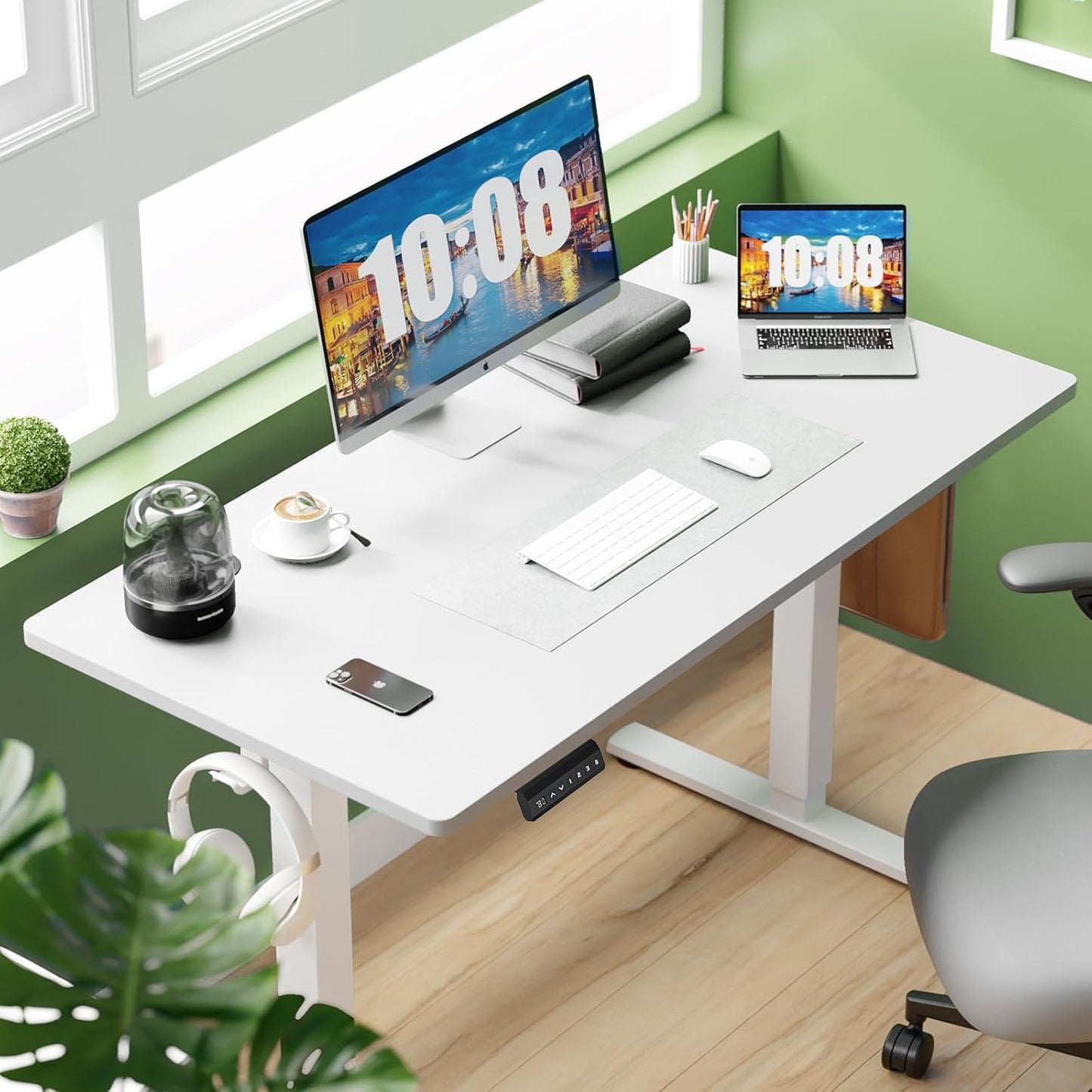 Whitmor Electric Standing Desk - 48 x 24 Inch Height Adjustable Computer Desk, Sit to Stand Home Office Table with Splice Board, 2 Hooks & Wire Hole, White