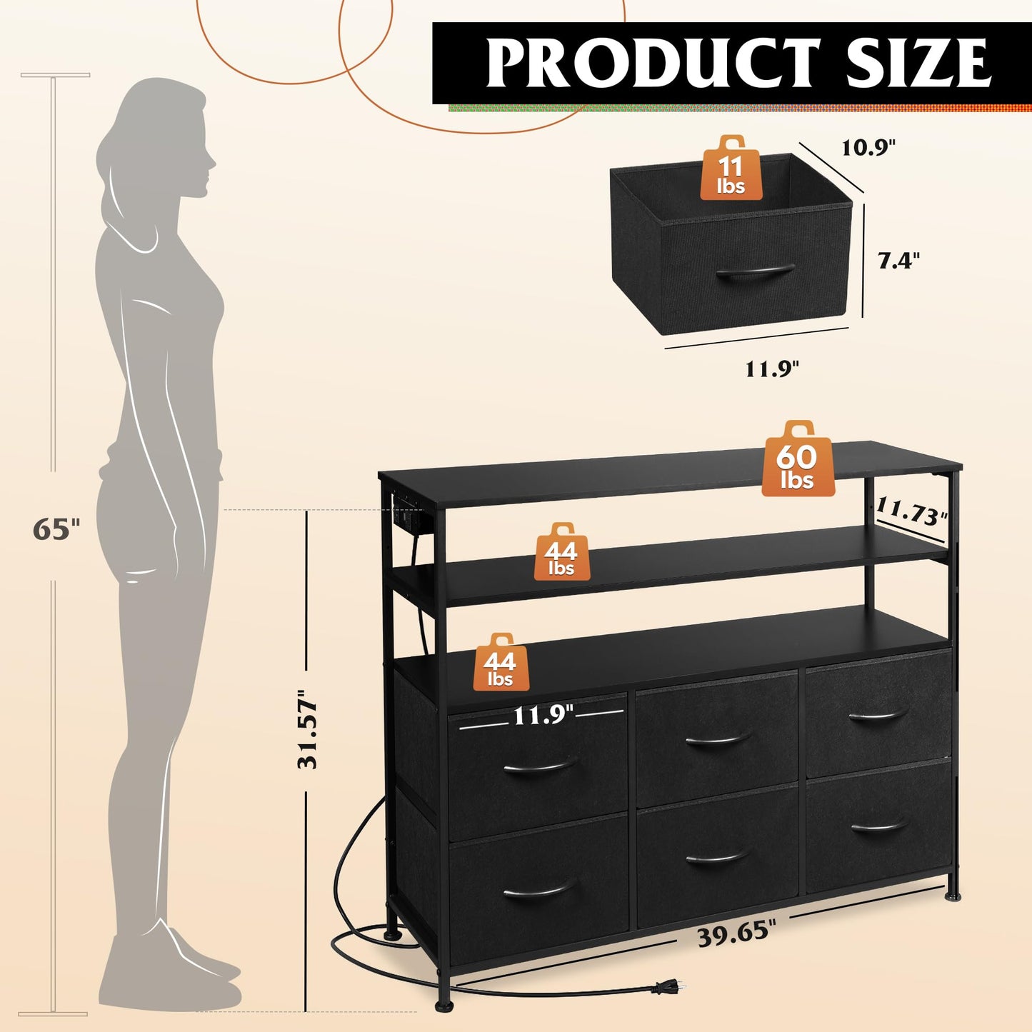 WLIVE Black Dresser for Bedroom, 6 Drawer Dressers with LED Lights and Charging Station, Fabric Chest of Drawers with Open Shelves, LED Storage Dresser for Living Room, Closet