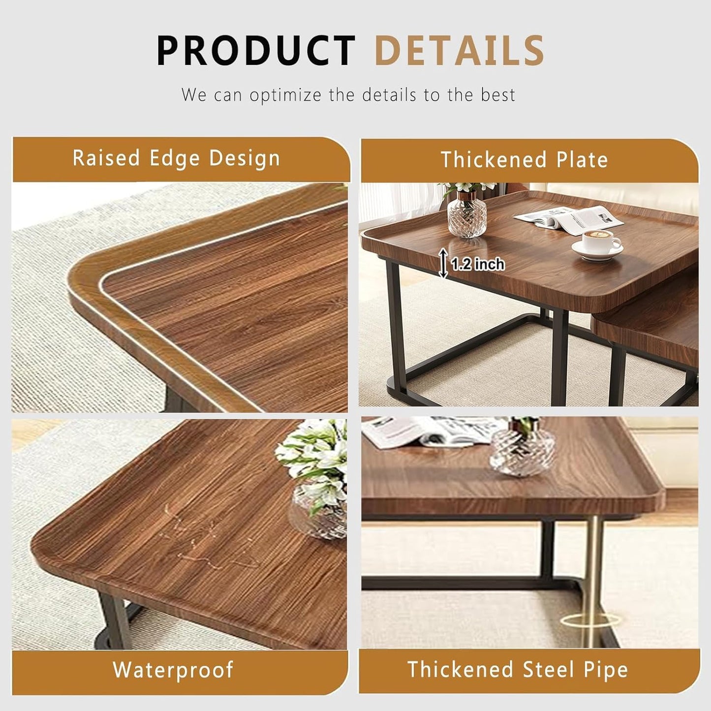 Windpost Square Nesting Coffee Table Set of 2, 23.6"+19.7" Nesting Tables,Small Square Coffee Table with Fluted,Center Table for Living Room Bedroom Office Balcony Yard (Walnut)