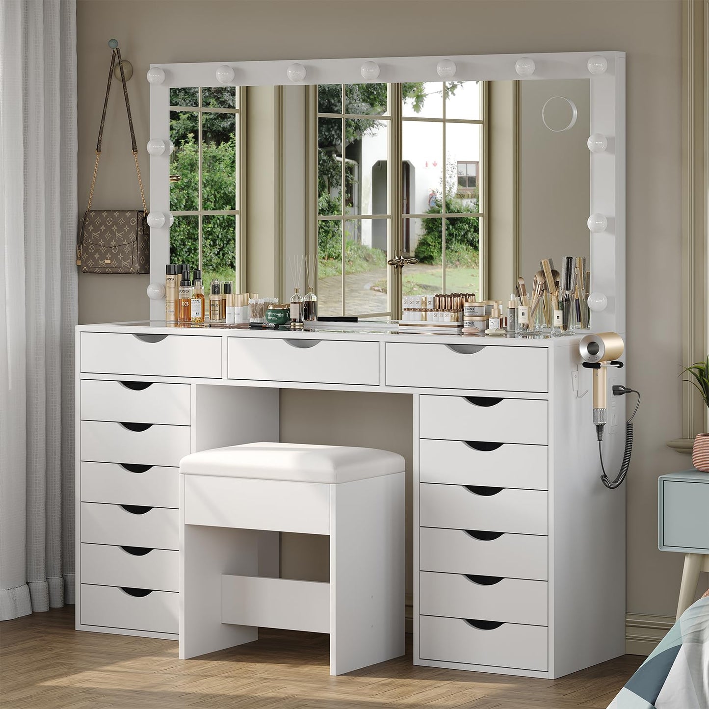 Yanosaku Vanity Desk with Mirror and Lights, Makeup Table with Charging Station, 3 Color Lighting Modes, 15 Drawers Dressing Table, Vanity with Chair for Bedroom, White