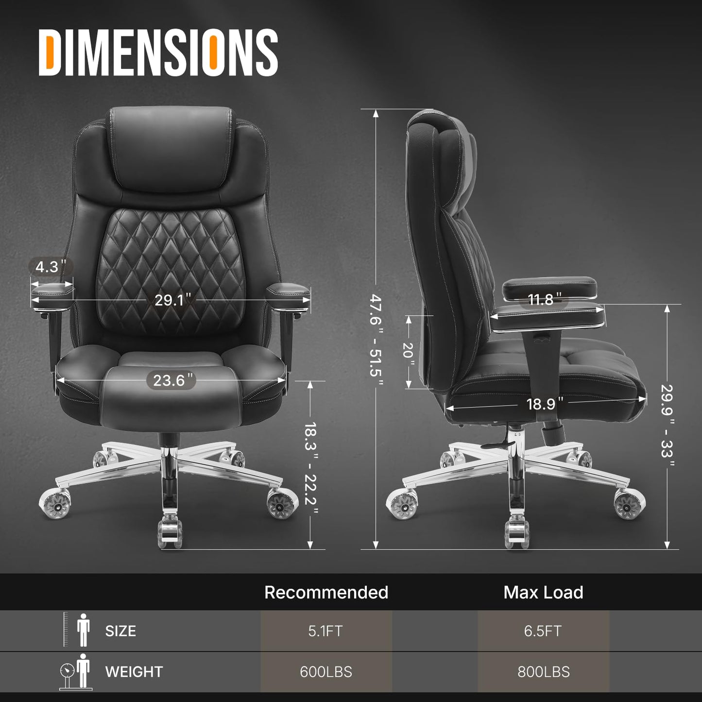 800lbs Big and Tall Office Chair,Heavy Duty Office Chairs,Executive Computer Desk Chair Work Chairs, Thick Padded Strong Metal Base Quiet Wheels, Ergonomic Design for Back Pain