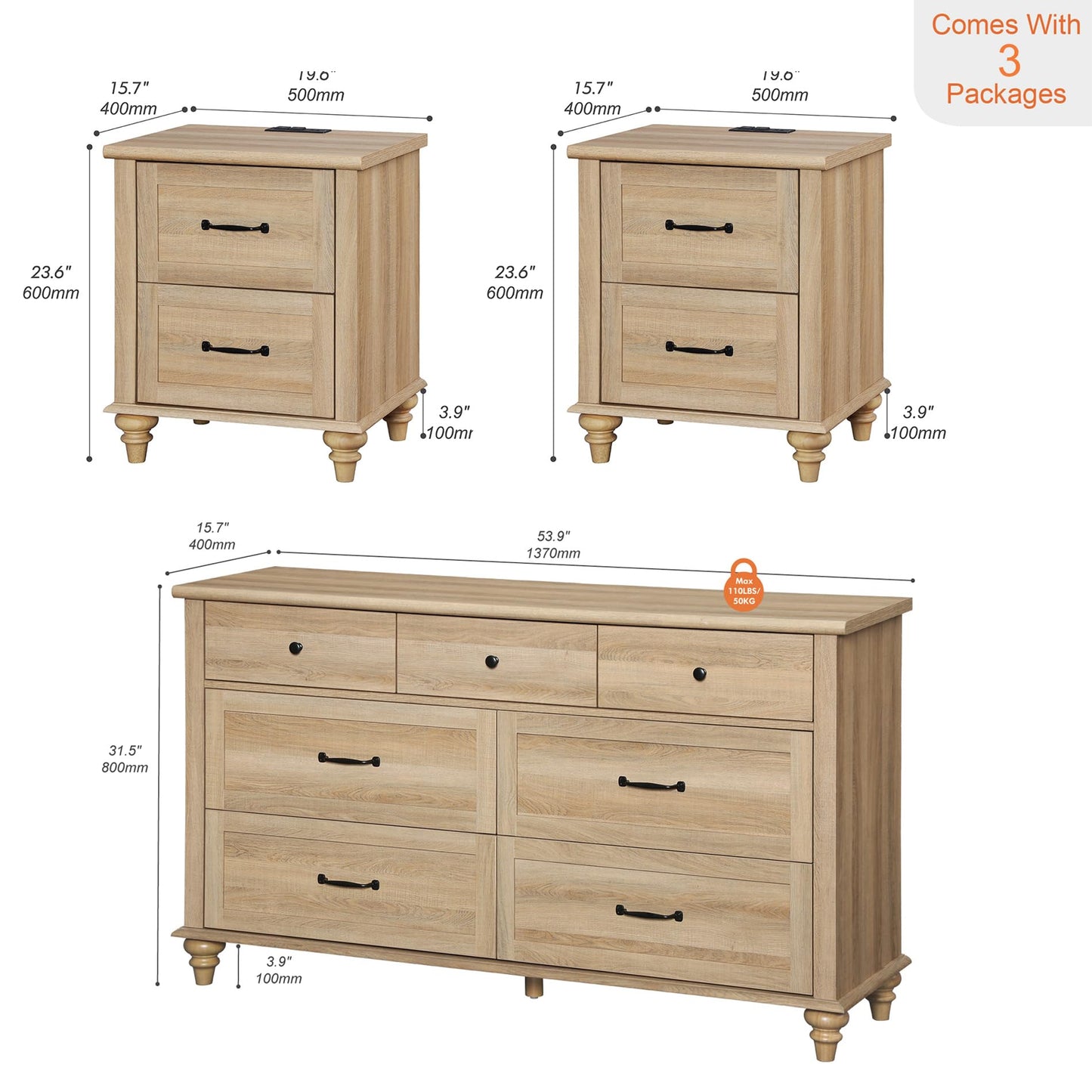 WAMPAT 3 Piece Bedroom Set - Includes 7 Drawer Dresser for Bedroom, Set of 2 Night Stands with Charging Station & Drawers, 3 Piece Dresser and Nightstand Sets, Oak