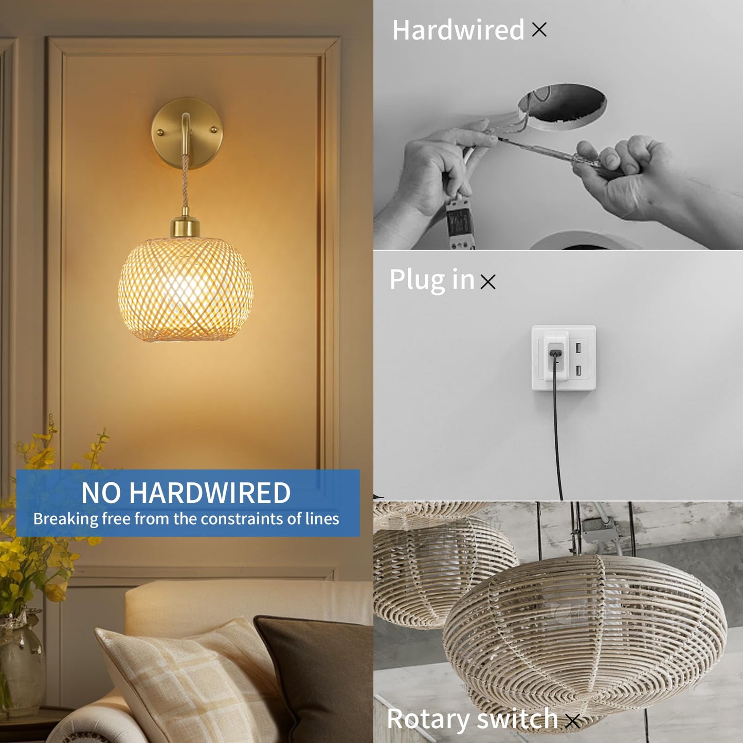 Vitnucrol Gold Battery Operated Wall Sconces Set of 2 with Remote, Rechargeable Rattan Battery Powered Wall Lights/Lamps, Wireless Boho Lighting Fixtures for Bedroom Farmhouse, 15 Colors Dimmable