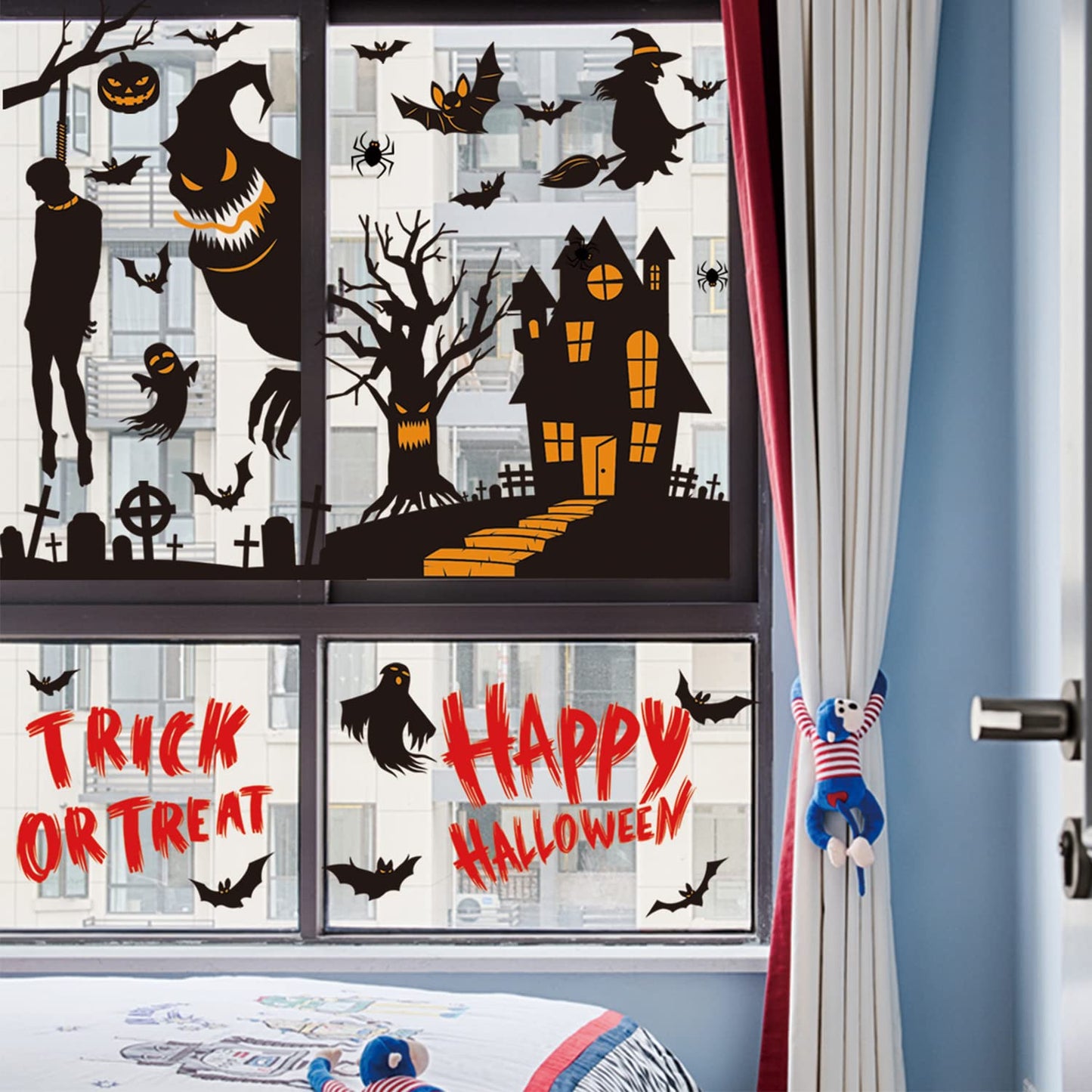 9 Sheets Halloween Window Clings Stickers Decorations Scary Black Ghosts Pumpkin Spider Bats Double Side Decals for Party Glass Decorate Happy Halloween Window Clings for Party Decoration