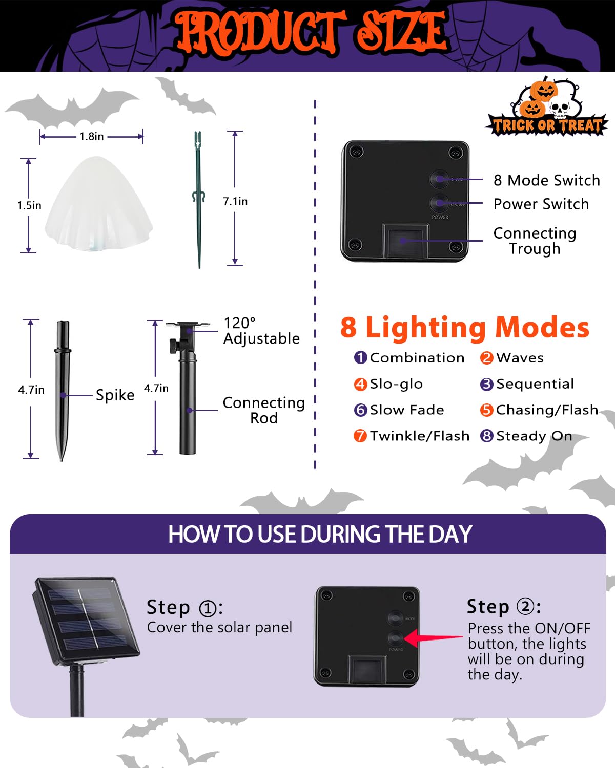 OZS 2PK 32LED 55FT Halloween Lights Mushroom Solar Lights, Halloween Decorations Outdoor with 8 Lighting Modes, Solar String Lights Waterproof for Outside Yard Party, Orange Purple & Green