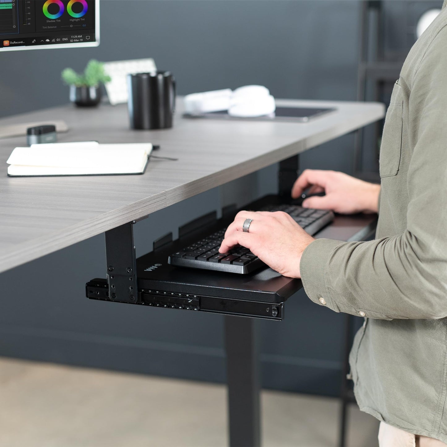 VIVO Large Height Adjustable Under Desk Keyboard Tray, 27 x 11 inch Slide-Out Platform Computer Drawer for Typing, Black, MOUNT-KB27HB