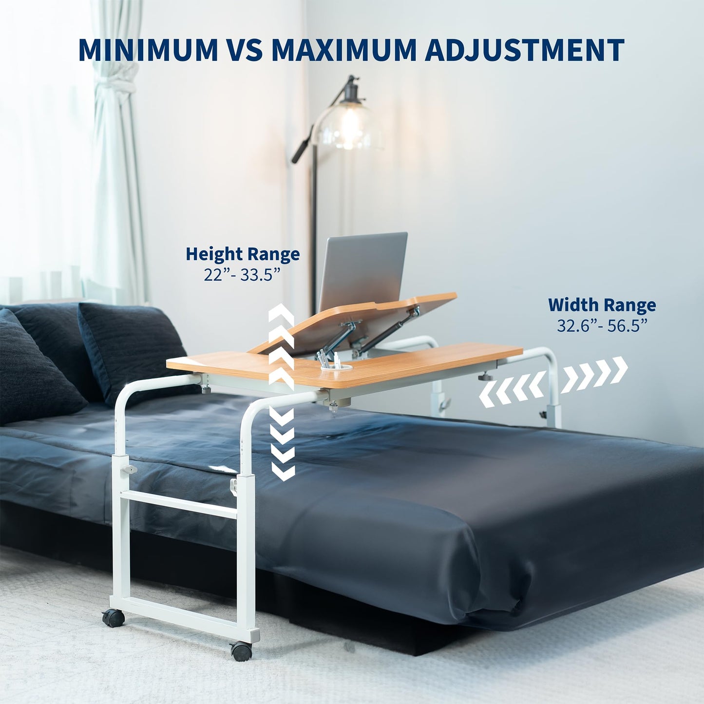 VIVO Mobile Over The Bed and Recliner Table, Tilting Laptop Tray with Height and Length Frame Adjustment, Ergonomic Overbed Kids and Adult Desk on Wheels, Light Wood, DESK-V202A