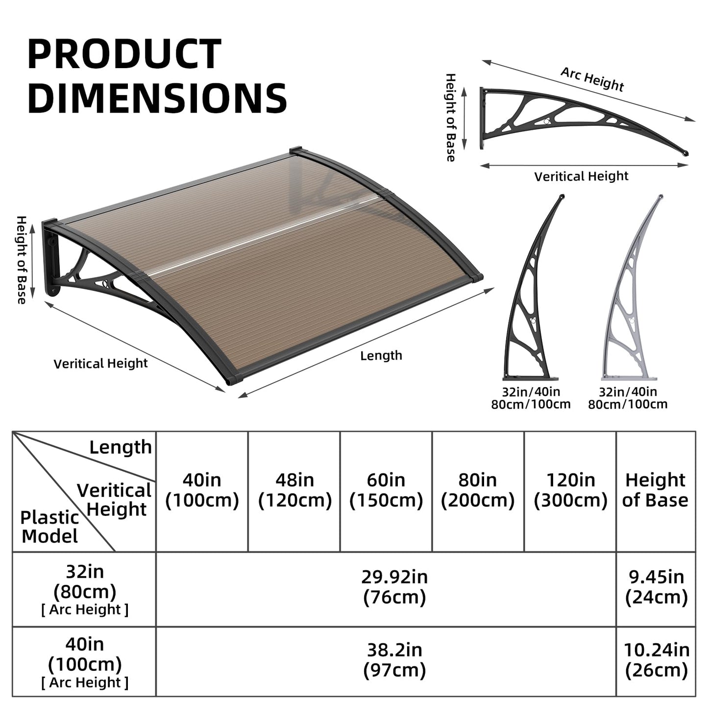 Window Awning Door Canopy 32"x120", Awnings for Doors Polycarbonate Cover Patio Door Awning UV Rain Snow Sunlight Protection Hollow Sheet, Black Bracket & Brown Board