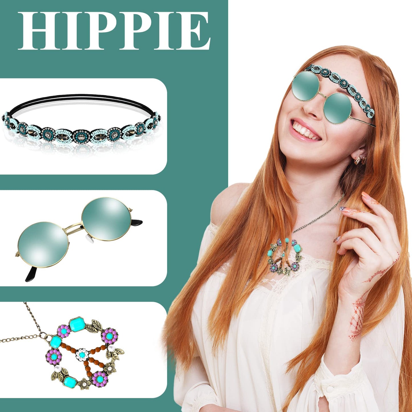 WILLBOND 60s 70s Accessories for Women Hippie Costume Accessories Peace Sign Necklace Headband Hair Wreath Sunglasses (Elegant Style)