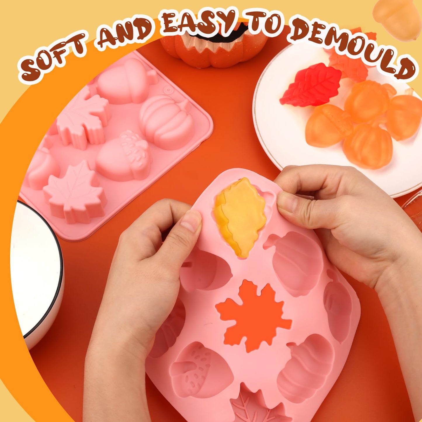 2pcs Halloween Silicone Molds, 3D Halloween Thanksgiving Candy Molds Fall Maple Leaf Pumpkin Molds for Baking Making Chocolate Dessert Gummy Jelly Cupcake Topper Decoration