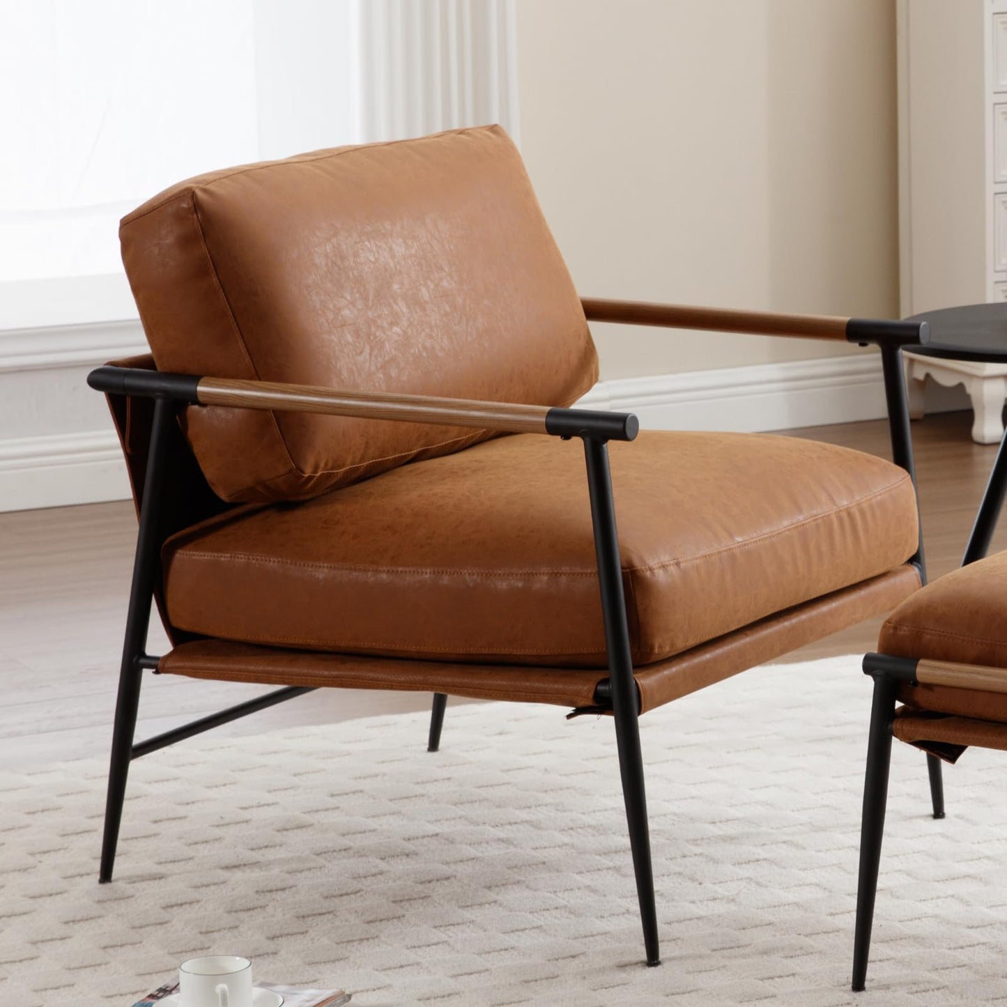 Ya-Home Mid-Century Accent Chair, Soft Armchair PU Leather Lounge Chair with Black Metal Legs, Upholstered Leisure Chair for Living Room Bedroom Reception Room, 1PC, Brown