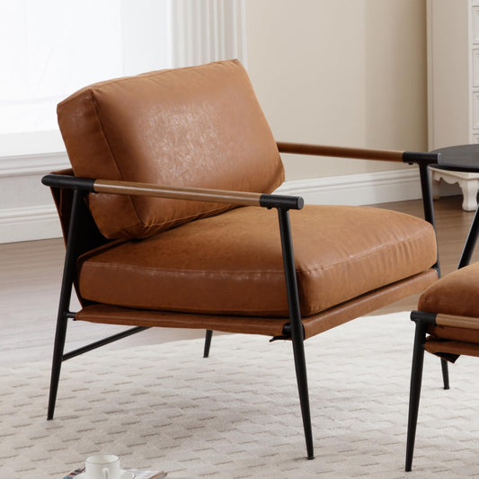 Ya-Home Mid-Century Accent Chair, Soft Armchair PU Leather Lounge Chair with Black Metal Legs, Upholstered Leisure Chair for Living Room Bedroom Reception Room, 1PC, Brown