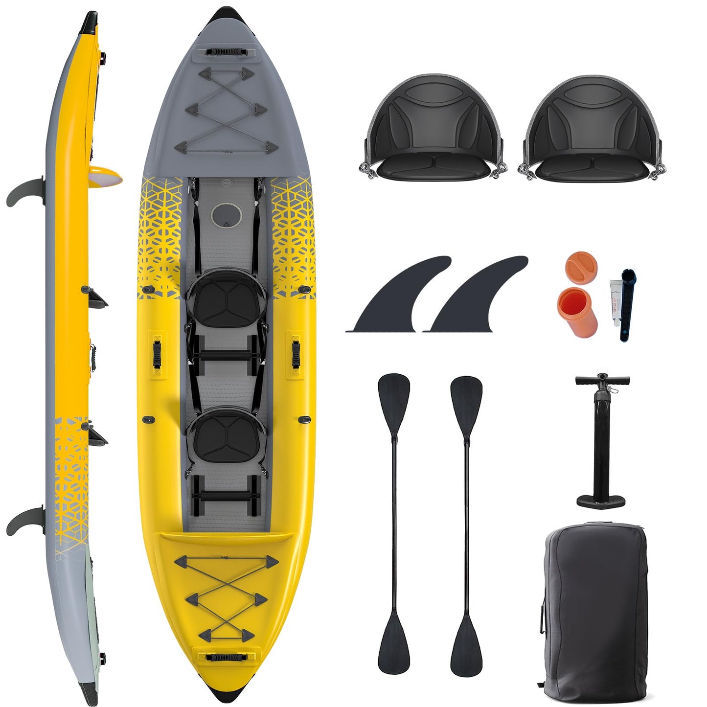 Danrelax 2-Person Inflatable Kayak for Adults, Heavy-Duty PVC, Drop-Stitch Floor, Lightweight, Portable, and Durable Tandem Kayak for Fishing, Touring, and Water Sports, Yellow