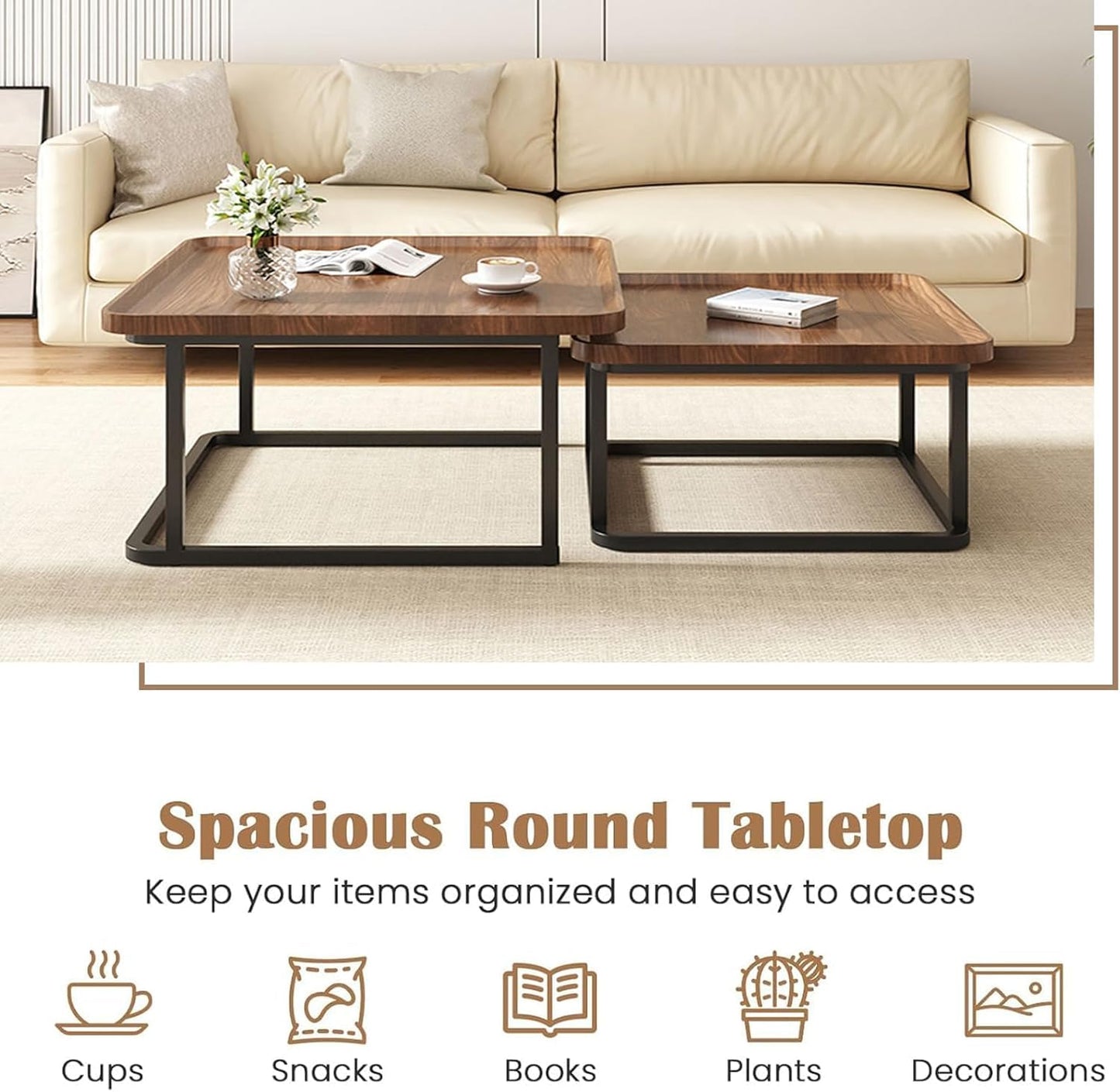 Windpost Square Nesting Coffee Table Set of 2, 23.6"+19.7" Nesting Tables,Small Square Coffee Table with Fluted,Center Table for Living Room Bedroom Office Balcony Yard (Walnut)