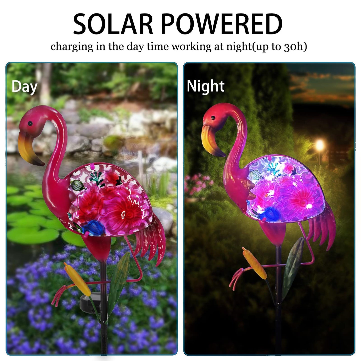 WUFEILY Solar Garden Lights, Glass & Metal Flamingo Solar Garden Decor Solar Pathway Lights Solar Garden Stakes Decorative Yard Art Yard Decor Waterproof for Patio Lawn Courtyard