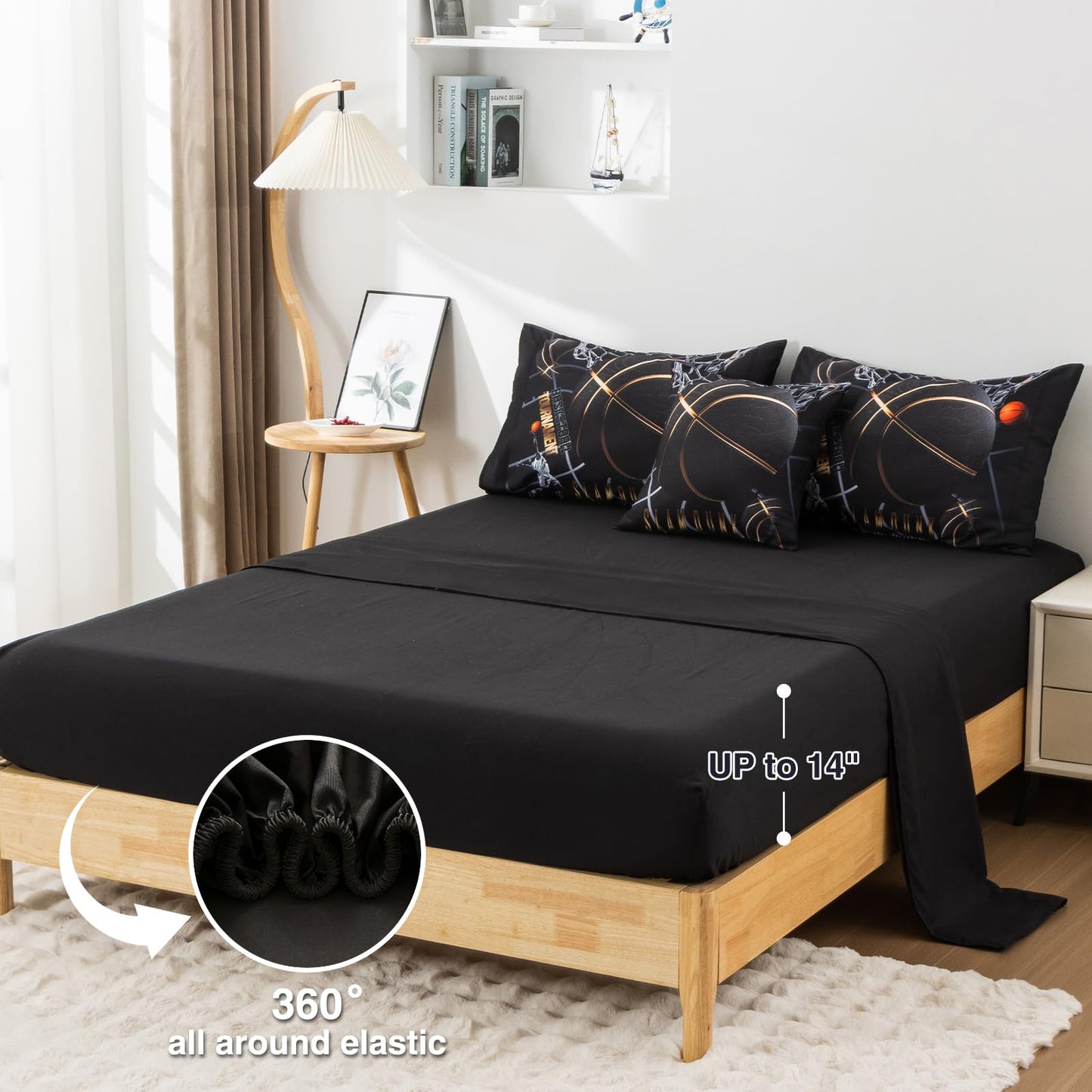 A Nice Night Basketball Court Printed Comforter Sets,with Sportsman Slam Dunk Printing 6Pcs Bedding Set in a Bag for Teen Boys,Twin