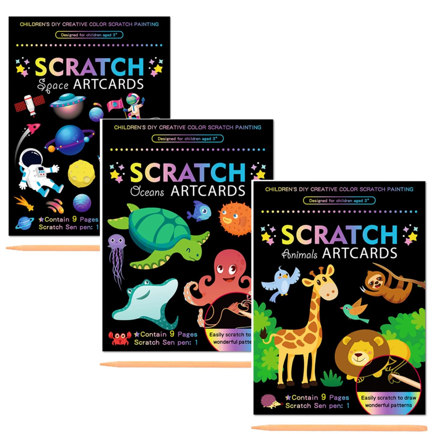 3 Set Scratch Paper Art for Kids, Magic Drawing Book for Children, Rainbow Scratch Off Craft Book with Scratch Pen for Birthday Party Games, DIY Projects Kits Craft Gifts Creative Scratch Art Kit
