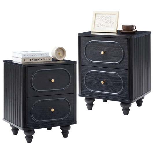 2 Drawer Fluted Nightstand Set of 2, Mid Century Modern Farmhouse Night Stand Small End Table Bedside Table for Bedroom, Living Room, Black