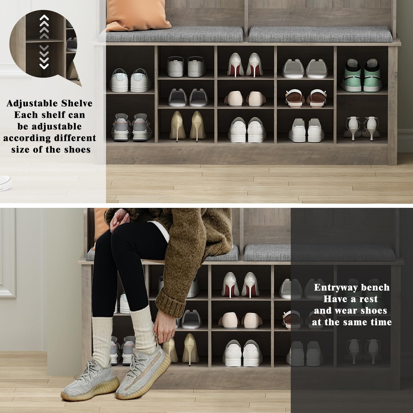 Wodeer Entryway Hall Tree with Bench and Shoe Storage, 53" Farmhouse 4-in-1 Mudroom Storage Organizer with Coat Rack, 6 Double Hooks, 12 Shoe Cubbies, Adjustable Shelf, for Hallway, Bedroom, Grey