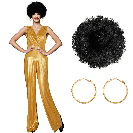 Yahenda 3Pcs Women Disco Doll Costume 70'S Gold Jumpsuit Outfit with Short Curly Wigs, Large Hoop Earrings for Halloween (Large)