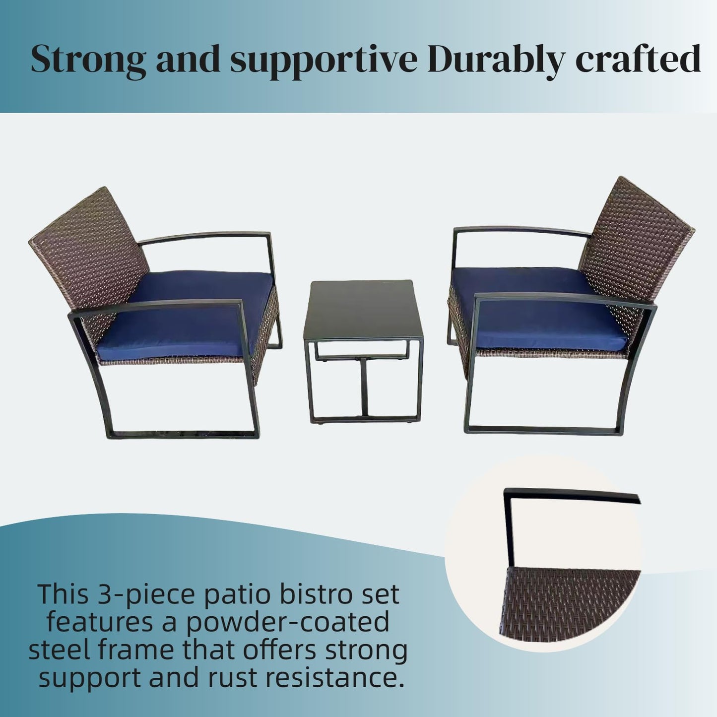 3 Piece Patio Chairs Set Outdoor Patio Furniture Set with Coffee Table, Bistro Set with Cushions for Balcony Apartment Deck