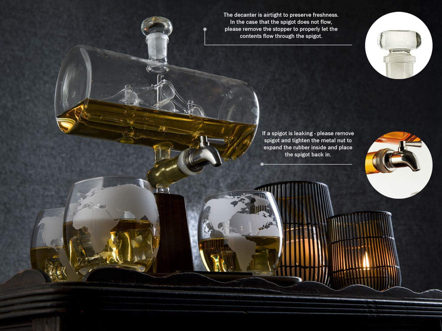Whiskey Decanter Globe Set with 4 Etched Whiskey Glasses - for Liquor Scotch Bourbon Vodka, Gifts For Men - 1250ml Unique Ship Sails Set for Home Bar, Bourbon, Birthday Gift for Dad