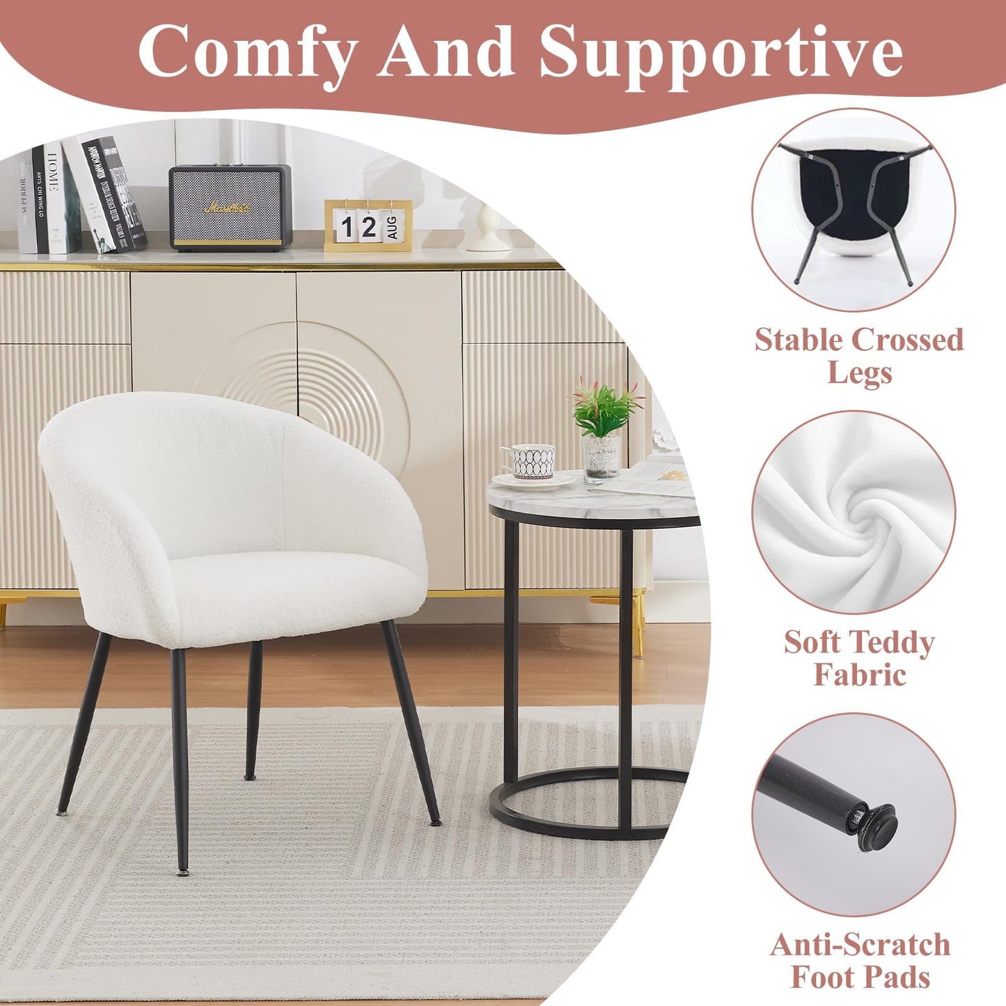 YDcosyfy Modern Small Accent Chair, Comfy Sherpa Makeup Vanity Chair with Metal Legs, Decorative Chair no Wheels for Living Room, Dressing Room, Bedroom, White