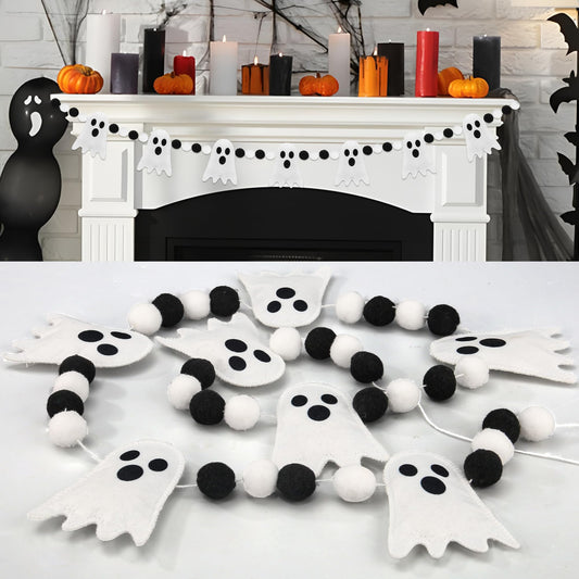 8.2 Ft Halloween Garland Cute Ghost Felt Garland 3D Ghost Hanging Banner White Black Pom Pom Ball Banner Felt Ghosts Hanging Decorations for Halloween Fireplace Mantle Window Home Party Decor