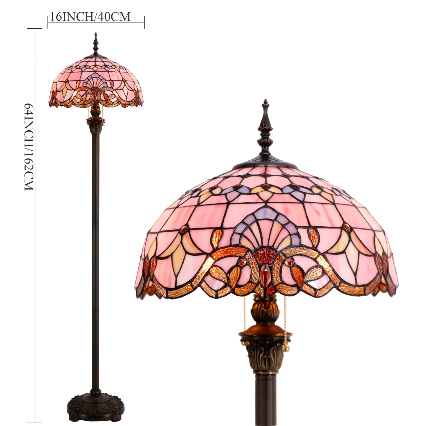 WERFACTORY Tiffany Floor Lamp Pink Baroque Stained Glass Standing Reading Light 16X16X64 Inches Antique Pole Corner Lamp Decor Bedroom Living Room Home Office S003P Series