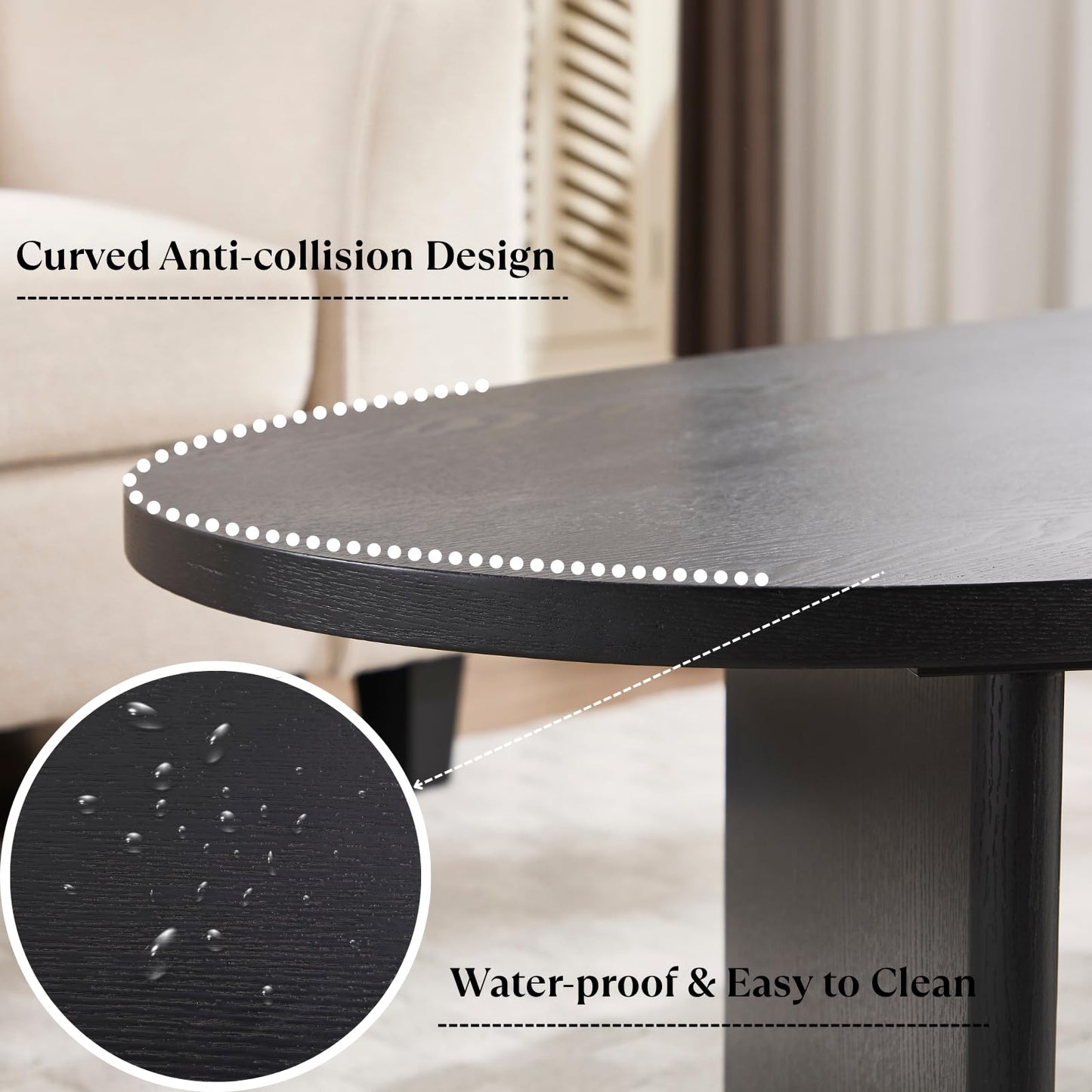 Ya-Home Black Coffee Table, Mid Century Modern Living Room Table with Irregular Surfboard Shape Top Solid Base, 51” Side Table Reception End Table for Office, Balcony, Black
