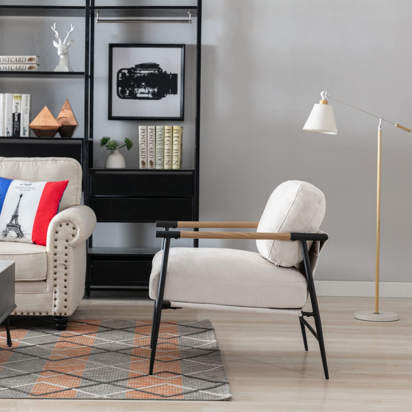 Ya-Home Mid-Century Accent Chair, Soft Armchair Chenille Fabric Lounge Chair with Black Metal Legs, Upholstered Leisure Chair for Living Room Bedroom Reception Room, 1PC, Beige