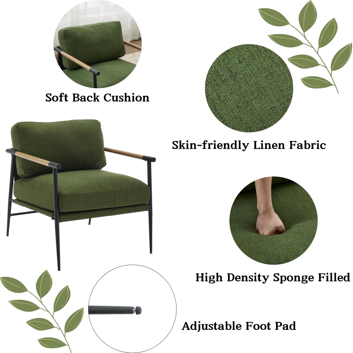 Ya-Home Mid-Century Accent Chair, Soft Armchair Linen Fabric Lounge Chair with Black Metal Legs, Upholstered Leisure Chair for Living Room Reception Room, 1PC, Green