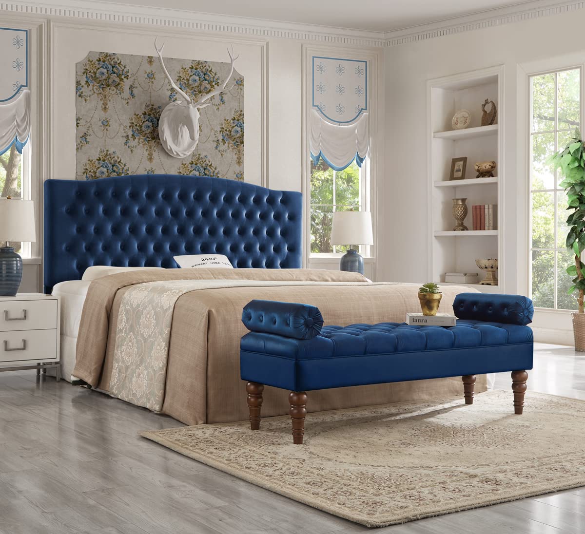 24KF Navy Blue Velvet Long Bench for Bedroom & Entryway - Tufted Button, 1.5 ft-Deep