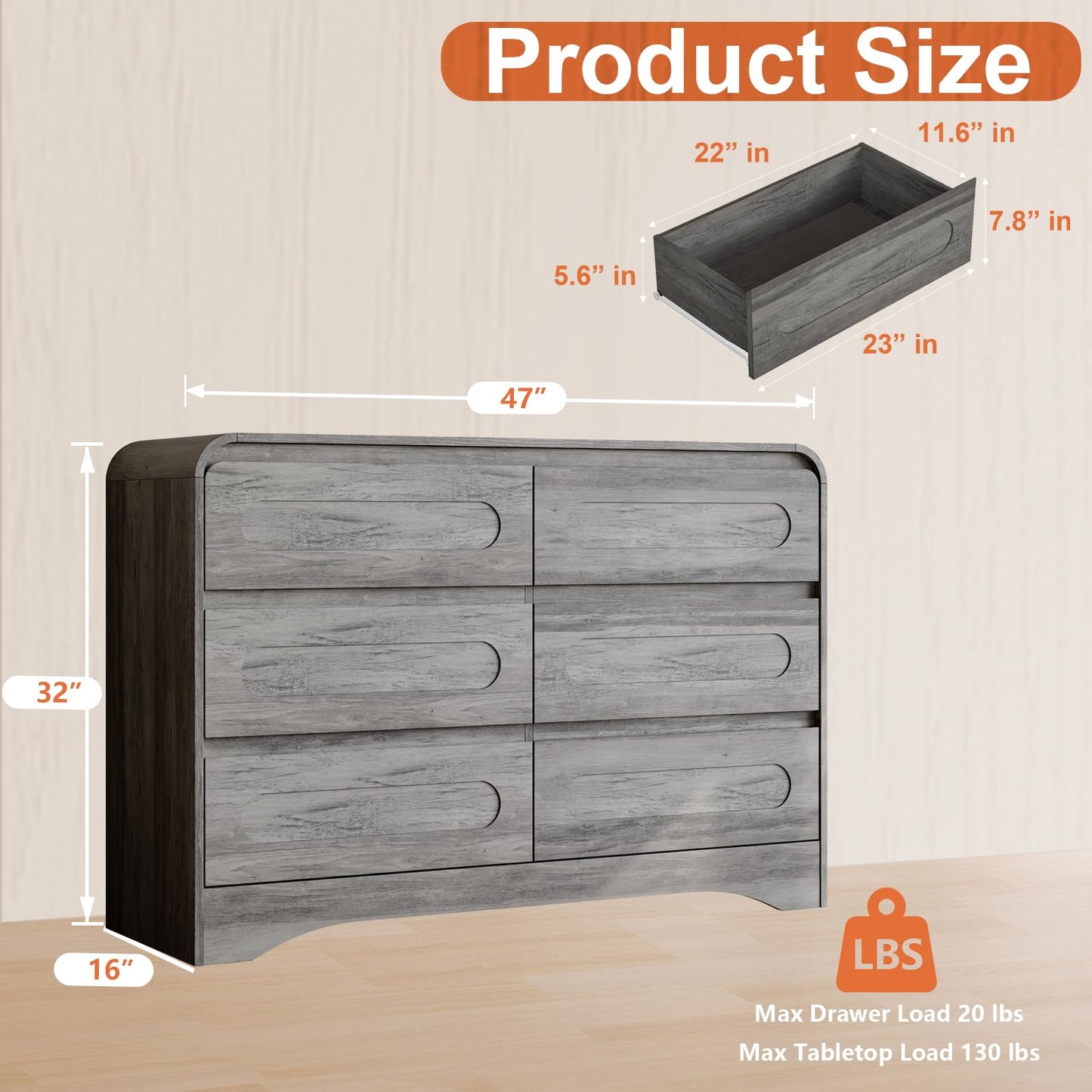 3 Pcs Bedroom Set, Modern Bedroom Furniture Set, Wood 6 Drawer Dresser and 2 Drawer Nightstand Set of 2, Chest of Drawers Wide Storage Organizer Cabinet Set, Grey