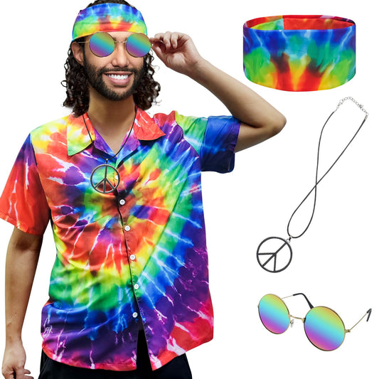 XonyiCos Hippie Costume for Men Women 60s and 70s Colorful Tie-Dyed Shirt Sunglasses Headband Peace Necklace 4-Piece Theme Party (Tie-dye 4 Piece Set, X-Large)