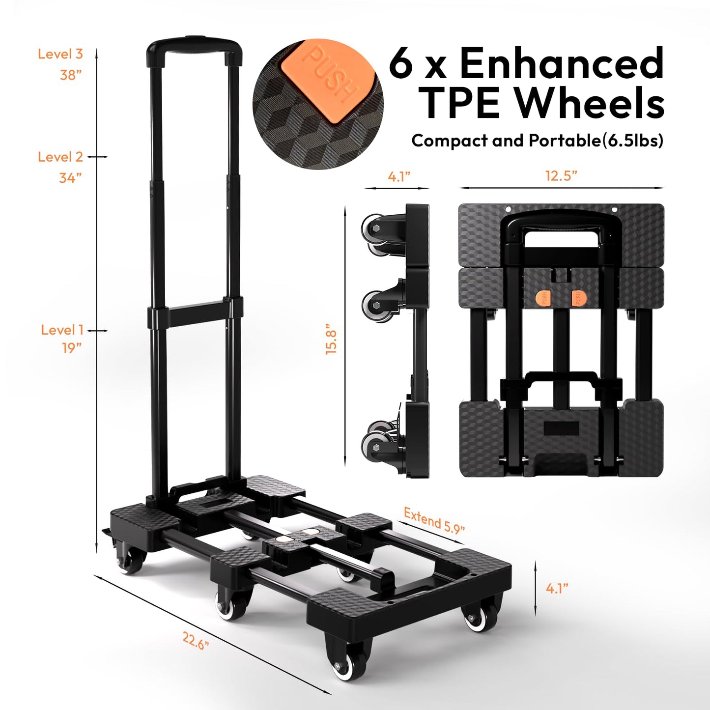 Voipvvii Folding Hand Truck 500lbs Heavy Duty Portable - 6 Wheels Collapsible Design with 2 Elastic Ropes, Lightweight 6.5lbs for Travel, Moving & Storage