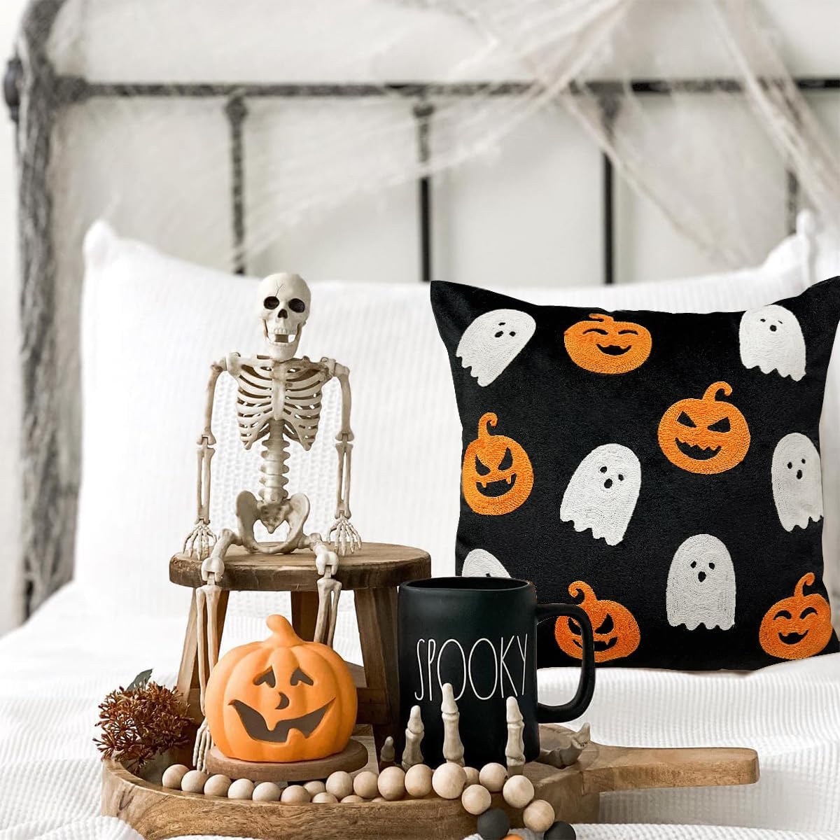 WOKANI Halloween Throw Pillow Covers 18x18 Set of 2 Ghost Pumpkin Decorative Embroidery Velvet Cushion Cases Decor Home Decorations for Couch Patio Furniture Bedroom Livingroom Sofa Porch, Black