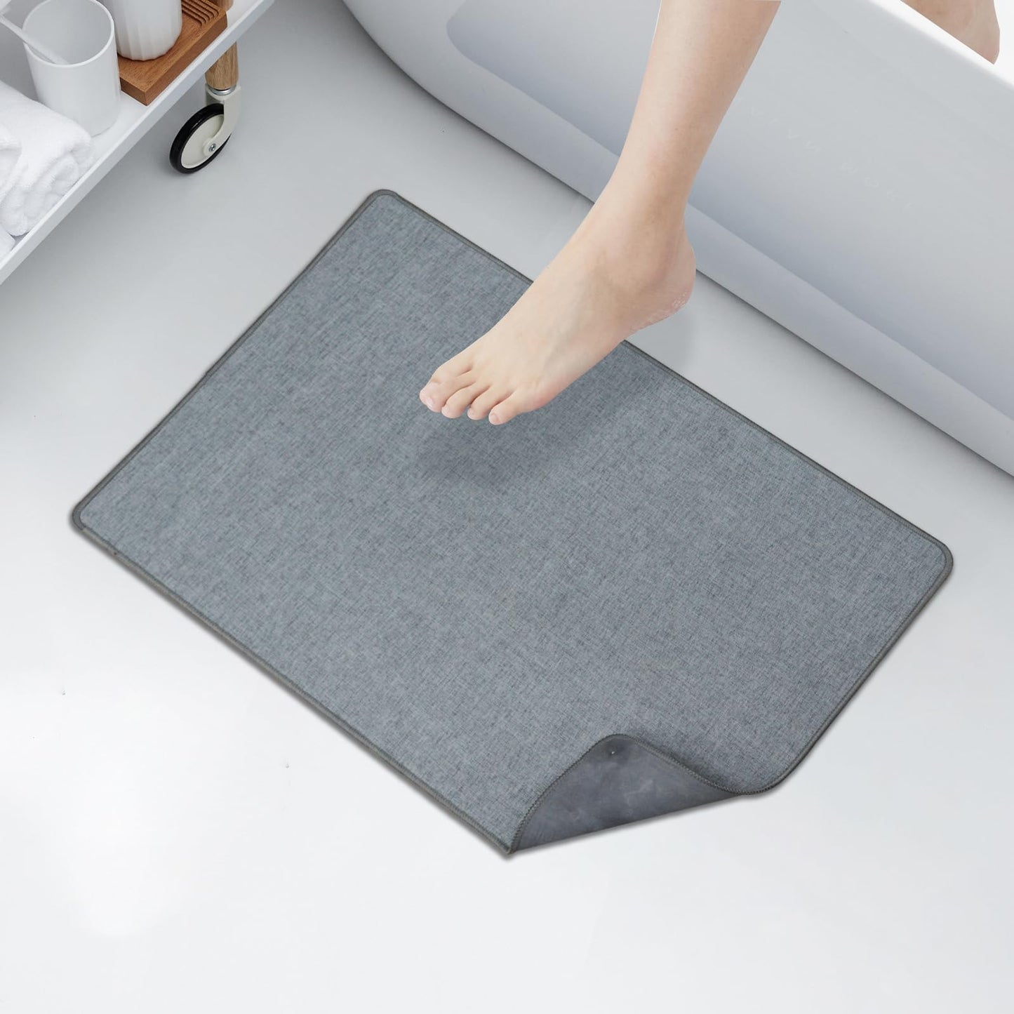Yancrop Ultra-Thin Bath Mat Roll-Up Bath Rugs Crease-Free Door Mat with Non-Slip Rubber Backing Absorbent Fabric Surface Quick Dry for Bathroom, Bedroom, Sink or Door (Grey,17"x30")