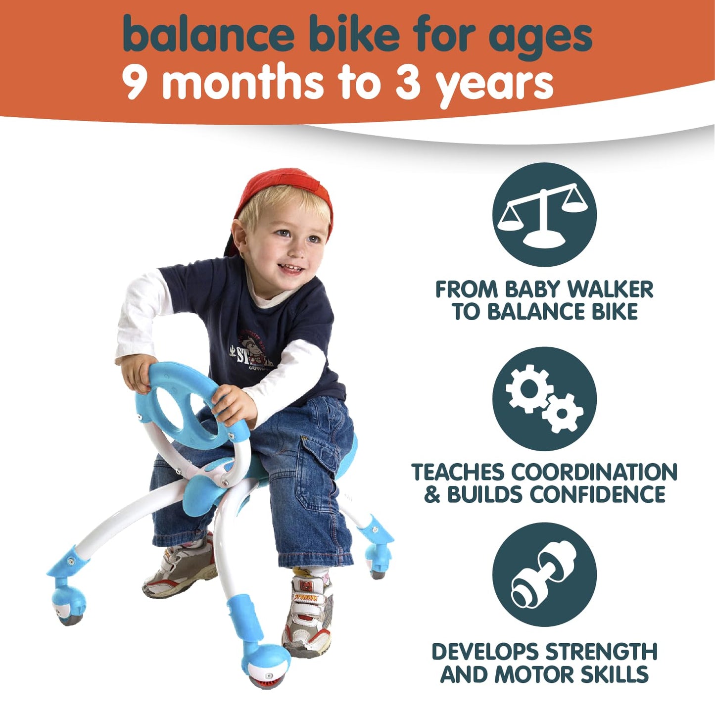 YBIKE Pewi Walking Ride On Toy - from Baby Walker to Toddler Ride On for Ages 9 Months to 3 Years Old, YPIW3, Blue
