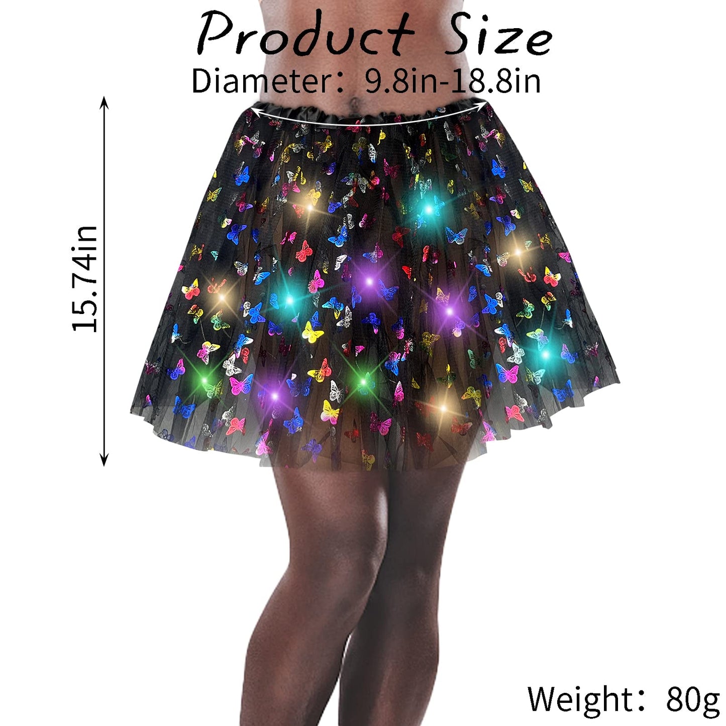 Women's LED Tutu Skirt Light Up Tutus Sparkle Skirts Layered Tulle Ballet Dance Skirt for Halloween Party Carnival Costume (Butterfly Black)